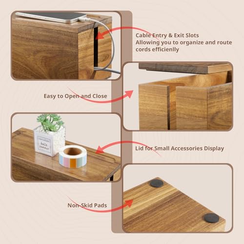 Acacia Wood Cable Management Box - Cable Organizer Box - 2 Open Slots Cords Hider Box - Under Desk Cord Organizer for Power Strip Extension Cord Surge Protector Charger Wire - color: Acacia, size: Medium
