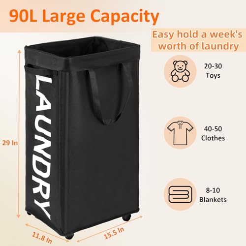 Optish Laundry Basket with Wheels, 90L Rolling Laundry Hamper with Wheels, Large Clothes Hamper on Wheel with Removable Mesh Bag for Bedroom, Dorm Room Essentials, Black - color: Black