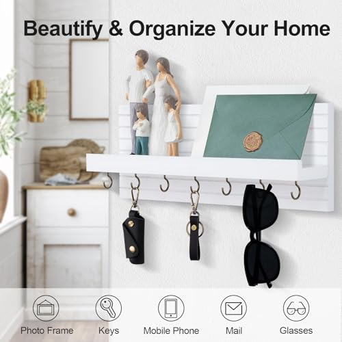 Lwenki Decorative Key Holder for Wall with Shelf, Entryway Shelf with Hooks Holds Leashes, Jackets and Glasses – Sturdy Wood Keyholder Entrance Hanger with Mounting Hardware (White, Large) - color: White, size: Large
