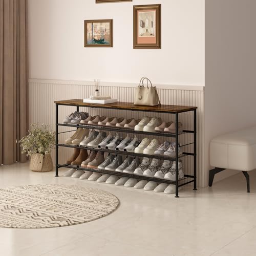 SUOERNUO Shoe Rack Organizer 4 Tier for Closet Entryway Free Standing Metal Storage Shoe Shelf with MDF Top Board (Black+Rustic Brown, Large 4 Tier) - color: Black+rustic Brown, size: Large 4 Tier