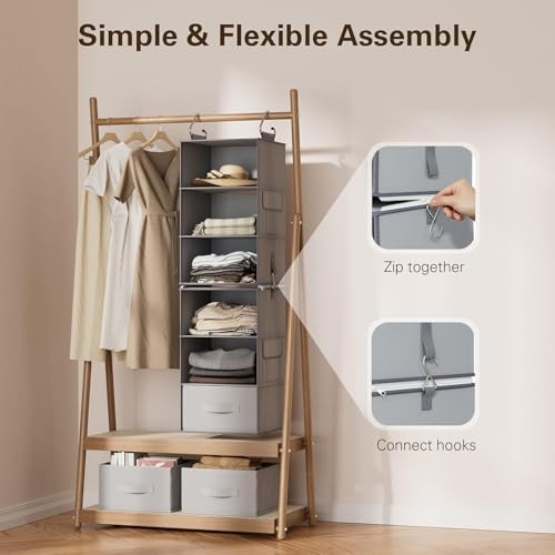 Pipishell 6-Shelf Hanging Closet Organizer with 2 Separable 3-Tier Shelves, 3 Drawers & Side Pockets Closet Organizers and Storage for Wardrobe Organization and Nursery Clothes Organizer, Gray - color: Grey