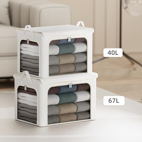 4 Pack Clothes Storage Bins with Metal Frame - 66L Stackable Storage Box with Lid，Foldable Storage Container Organizer for Clothes，Linen Fabric Storage Box with Clear Window＆Zippers＆Handles - color: Light Grey, size: 40L