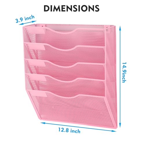 EASEPRES Magnetic 5 Pocket Mesh Hanging File Organizer, Wall Mounted Mail Paper Document Folder Holder, Clipboard Storage Organization Magazine Rack with Nametag Label for Office Home School, Pink - color: Pink, size: 5 Tier Magnetic