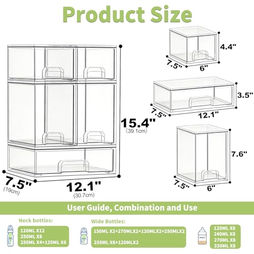 Bottle Storage Organizer Baby: Clear Stackable Storage Drawers, Acrylic Bottles Station Organizer for Countertop, Vanity, Bathroom, Cabinet Organization - 5 Pack - size: 2 Small+2 High+1 Wide