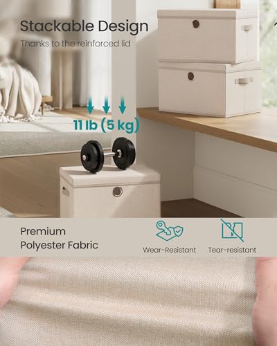 SONGMICS Storage Bins with Lids, 3 Pack Stackable Fabric Storage Boxes, Odorless PP Sheets, Foldable Cube Baskets Organizers with Handles, 15.7 x 11.8 x 9.8 Inches, Summer Sand URFB540LF01 - color: Summer Sand, size: 15.7"L x 11.8"W x 9.8"H