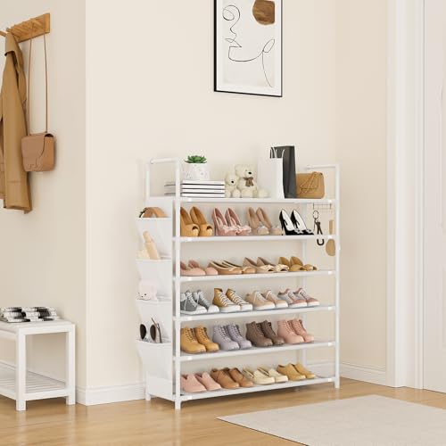 LANTEFUL 6 Tier Shoe Rack Storage for 24-30 Pairs Shoe and Boot, Shoe Organizer with Hook and Side Pocket Free Standing Long Shoe Shelf Tall Shoe Rack Organizer for Closet, Entryway, Dorm, White - color: White