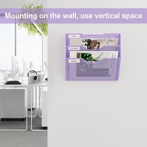 EasyPAG 3 Pocket Mesh Wall File Organizer, Hanging Paper Folder Holder with Classify Label, Vertical Wall Mount Mail Organizer for Office Home Classroom, Purple - color: Purple, size: 3 Tier