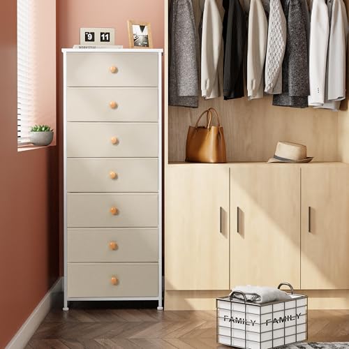 Crestlive Products Tall Dresser, 7-Drawer Fabric Storage Tower, Chests of Drawers - Vertical Organizer Unit for Bedroom, Hallway, Entryway, Nursery, Closets - Steel Frame, Wood Top & Handles (Beige) - color: Beige, style: Narrow-7 Drawers