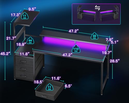 AODK 59 Inch Gaming Desk with LED Light- Reversible Computer Desk with Storage Shelves & Monitor Stand, Modern Gamer Desk Table with Fabric Drawers, Black - color: Black, size: 59 inches