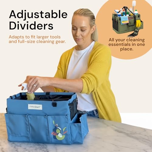 FifthStart Cleaning Caddy Bag for Professionals - Heavy-Duty Organizer with Shoulder Strap, 9 Pockets, Washable Mesh Base & Adjustable Compartments for Cleaning Supplies (Green, Large) - color: Green, size: Large