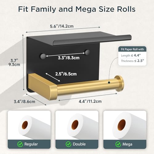 FORIOUS Toilet Paper Holder with Shelf, Adhesive or Screw Wall Mount Toilet Paper Roll Holder for Bathroom, Rustproof 304 Tissue Dispenser with Phone Shelf (1, Matte Black & Brushed Gold) - color: Matte Black & Brushed Gold