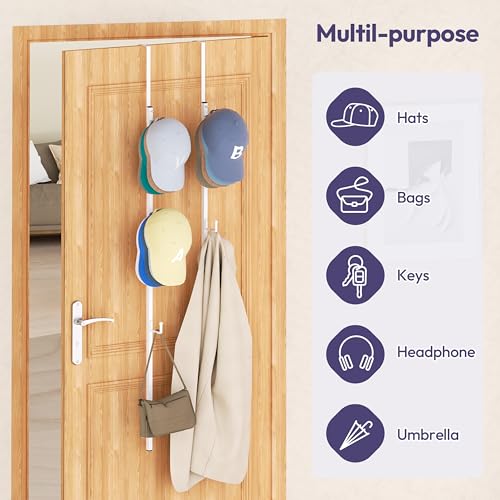 SWTYMIKI Over Door Hat Rack - 2 Packs Metal Hanging Hat Organizer with 8 Hooks Design, Baseball Cap Hanger Organizer Storage Holds up to 40 Caps for Door, Bedroom, Closet - color: White, size: 2 Pack