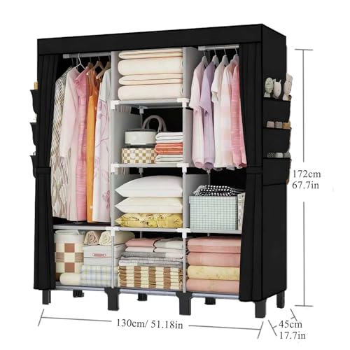 Portable Wardrobe, Clothes Organizer, Easy Hanger Wardrobe, Multiple Dividers and 3 Drawers, 6 Side Pockets Large Capacity (Black) - color: Black