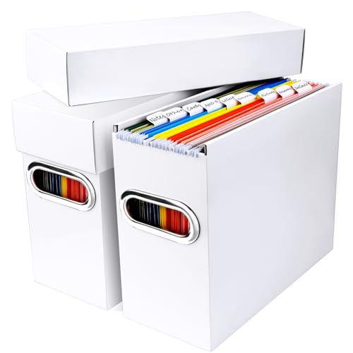File Organizer Box with Lid & Handle, Thickened Cardboard Hanging File Folder Storage Boxes for Letter Size, Portable Filing Organizer for Office, Home, Classroom, White 2 Pack - color: White, size: 2 Pack