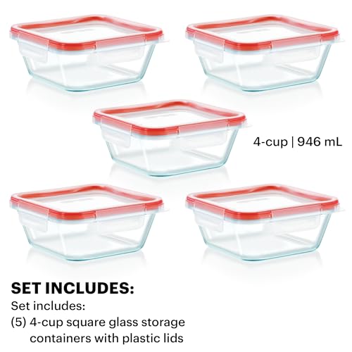 Pyrex Freshlock (5-Pack, 4 Cup) Glass Food Storage Containers Set, Airtight & Leakproof Plastic Locking Lids BPA-Free, Meal Prep Containers Set, Freezer Dishwasher Microwave Safe - size: 5 Pack (4-Cup)