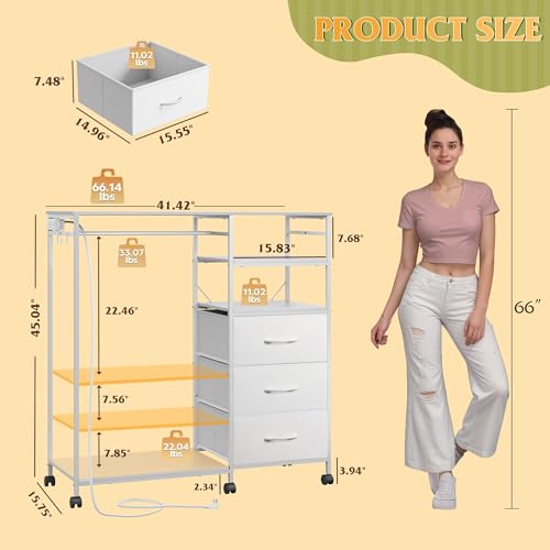 WLIVE White Dresser with Hanging Rack for Bedroom, 3 Drawer Dresser with LED Lights & Charging Station, Fabric Dressers & Chest of Drawers, Storage Organizer with Open Shelves for Living Room - color: White