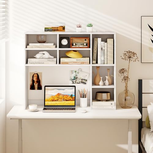 Tangkula Desktop Bookshelf, 37" Countertop Storage Hutch with 7 Cubes & 3 Adjustable Shelves, 3-Tier Desk Display Rack Organizer, Multipurpose Wood Desktop Hutch for Dorm Home Office (White) - color: White, size: 7 Shelves