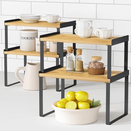 Goozii Kitchen Cabinet Organizer Shelf Set of 4, Pantry Organizers and Storage Shelves for Plates Dishes Cups Mugs, Cupboard Counter Cabinet Shelf Riser for Countertop (Bamboo Wood and Black Metal) - color: Black-bamboo, size: Medium