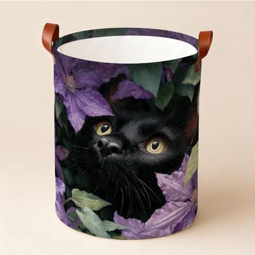Cat Laundry Basket with Dark Botanical Art, Funky Collapsible Oxford Cloth Hamper for Kids Room, Colorful Floral Storage Bin for Spring Decor (15.75x15.75x19.7") - color: Colorful592