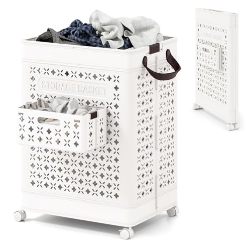 Giantex 75L Collapsible Laundry Baskets with Wheels, Foldable Laundry Basket with Wheels, Handles & Underwear Basket, Large Plastic Laundry Hamper for Bathroom, Bedroom, Dorm