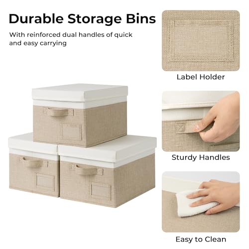 GRANNY SAYS Storage Basket with Lid, Linen Fabric Storage Bins with Label, Decorative Storage Boxes, Clothes Storage and Organization, Memory Keepsake Box, 3-Pack, Medium, Khaki&Ivory - color: White&Khaki, size: Medium