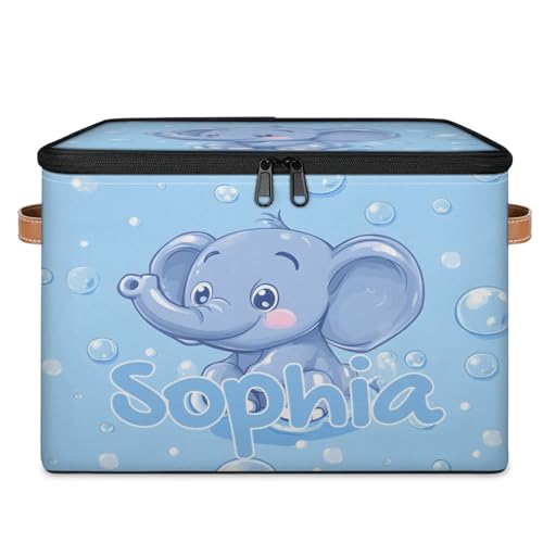 Custom Storage Basket with Name, Personalized Storage Bins with Zipper Lid, Foldable Fabric Storage Box Large capacity with Handle Bubble Elephant - color: Option 18