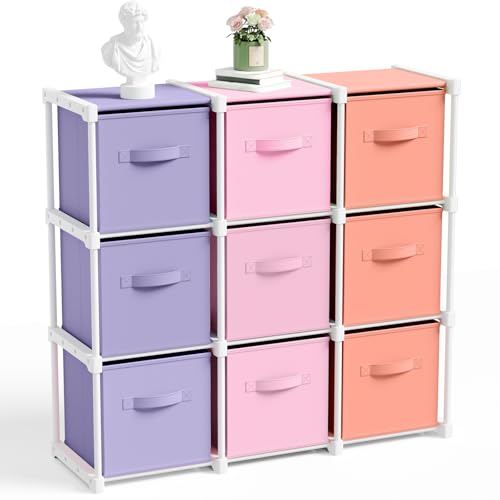 Briwooody 9 Cube Storage Organizer Bins with Shelf 11'' Toy Storage Box Back to School Dorm Organizers Fabric Unit for Playroom Book (Pink,Purple,Orange) - color: Pink,Purple,Orange