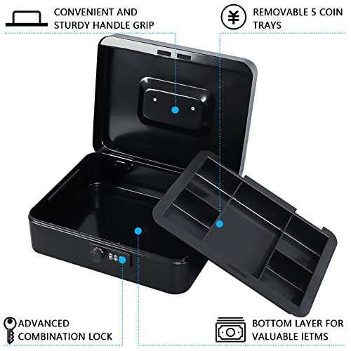 KYODOLED Large Cash Box with Combination Lock Safe Metal Money Box with Money Tray for Security Lock Box 9.84"x 7.87"x 3.54" Black - color: Black, size: Large