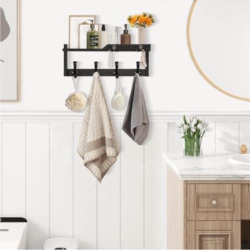 dreampossible Coat Rack Wall Mount with Shelf, Coat Hanger Wall Mount with Key Hooks and Mail Holder, Wood Entryway Floating Shelf with Hooks and Storage, Hat Rack for Wall Key Holder Mail Organizer - color: Black, size: 16.6 Inch Long
