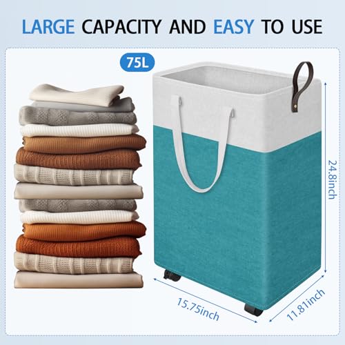 HomeHacks 75L Rolling Laundry Basket with Wheels, Collapsible & Waterproof Laundry Hamper, Mobile Clothes Hamper, Storage Laundry Bins with Handles for Laundry Room, Bedroom, Bathroom & Dorm, Green - color: Green, size: 75L