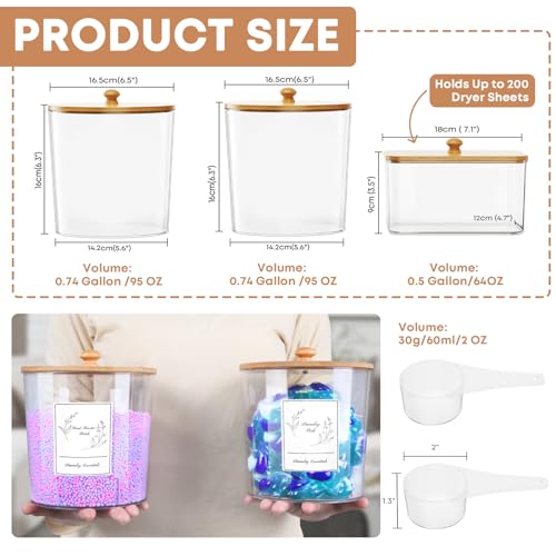 COAZEX 3 Pack Laundry Powder Container & Dryer Sheet Holder, Large Plastic Laundry Room Organization and Storage Jars with Lids, Labels & Scoops for Powder, Detergent, Scent Booster - color: B-Clear