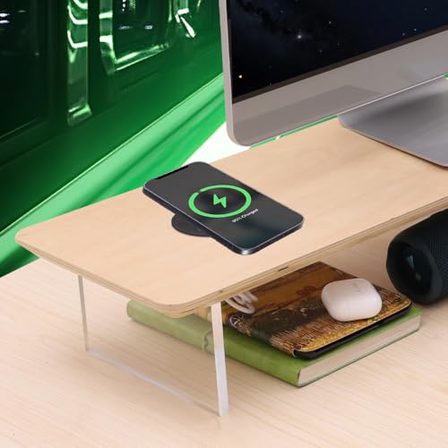 SUIBIAN White Monitor Stand Riser with Wireless Charging 31.5Inch Large, Computer Monitor Stand,Wooden Desktop Organizer Shelf for Office Desk Computer,Laptop,TV (White Oak) - color: White Oak