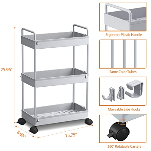 Ronlap 3 Tier Slim Rolling Storage Cart with Wheels Plastic Utility Cart Organizer for Snack Craft Art Postpartum Baby Diaper Nail Makeup in Bathroom Laundry Room Kitchen Bedside Narrow Space, Grey - color: Gray