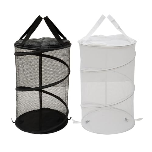 2PCS Large Collapsible Round Popup Laundry Hamper with Lid,Foldable Mesh Hamper with Reinforced Handles and Solid Bottom,White and Black Laundry Basket