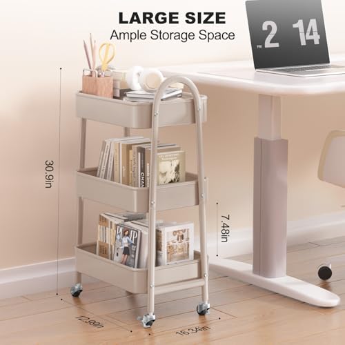 EAGMAK 3 Tier Rolling Cart, Large Metal Storage Cart with Handle and Lockable Wheels, Big Multifunctional Storage Organizer Trolley with Mesh Baskets for Kitchen, Living Room, Office, Garage (Beige) - color: Beige, size: Large