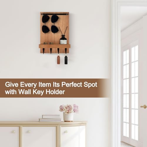 Key Holder Wall Mount, Key Holder for Wall with 4 Hooks, Farmhouse Key Hanger Holds Dog Leash, Sunglasses – Decorative Mail Organizer Home Decor (Wood) - color: Wood