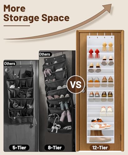 MISSLO 12 Tier Over the Door Shoe Organizer Large Capacity Hanging Shoe Rack for Closet Storage Narrow Sneaker Holder for Door Fit 24 Pairs Sandals, Heels, Boots (White) - color: White, size: 12 Tier/Large pocket