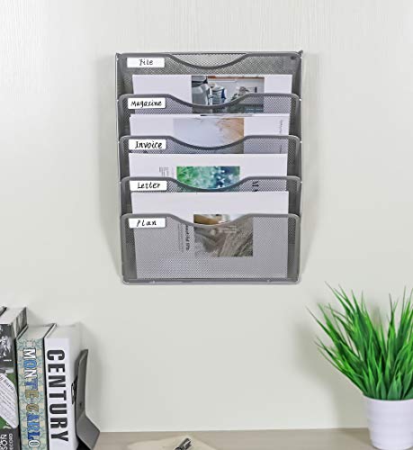 EasyPAG Wall File Organizer 5 Tier Hanging Paper Folder Holder, Zero Assembly Metal Mesh Wall Mounted Mail Organizer for Office Home Classroom Narrow Spaces, Silver - color: Silver, size: 5 Tier