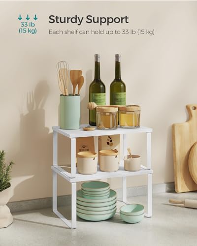 SONGMICS Cabinet Organizer Shelf, Set of 4 Kitchen Counter Shelves, Kitchen Storage, Spice Rack, Stackable, Expandable, Metal and Engineered Wood, Cloud White and Snow White UKCS027W01 - color: Cloud White + Snow White, size: 11.7"W