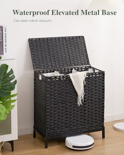 SETVSON Laundry Hamper with Lid 132 L, (35 Gallons) Clothes Hamper with Lid, Handwoven Rattan Laundry Hamper with Metal Heightened Feet, Laundry Hampers with 3 Removable Liner Bags for Laundry-Black - color: Black, size: 132 L - 35 gal