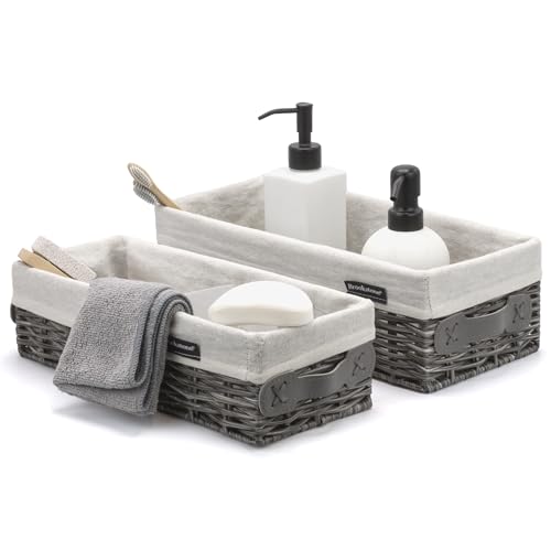 Brookstone Wicker Shelf Storage Basket Decorative Shelf Bin, bathroom organizers and storage, Boho Living Room Decor, Spring Storage 2026-2 Piece Set - color: Grey Two Pack with Handles