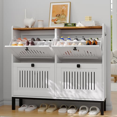 4-Door Flip Front Shoe Cabinet with Adjustable Shelves – Hidden Entryway Storage Organizer for Hallway, Foyer, Living Room – Freestanding Wooden Shoe Rack with Large Capacity & Modern Design, White - color: White & Rustic, size: 9.45"D x 41.34"W x 37.9"H