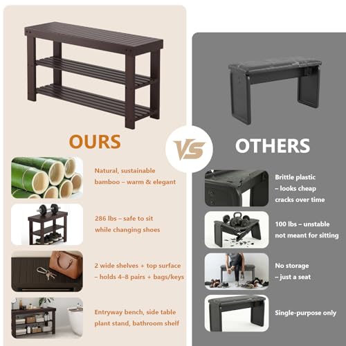 Sweetcrispy Shoe Rack Bench, 3-Tier Bamboo Entryway Storage Organizer, 286lb Capacity, Shoes Stand for FrontDoor Entrance, Bedroom, Living Room, Bathroom, Balcony, 35 Inches Length, Brown - color: Brown, size: 35 inches WIdth