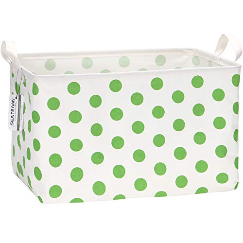 Sea Team Collapsible Canvas Fabric Storage Basket with Handles, Rectangle Waterproof Storage Bin, Box, Cube, Foldable Shelf Basket, Closet Organizer, 16.5 x 11.8 x 9.8 Inches, Green Dot - color: Dot/Green, size: 16.5 Inch (Pack of 1)