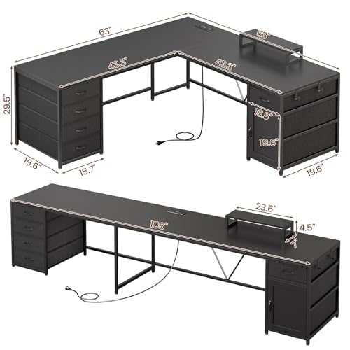 SEDETA L Shaped Desk, 63'' Corner Desk with 5 Drawer & Power Outlet, Larger Home Office Desk or Gaming Desk, L Shaped Corner Desk with Monitor Shelf, Storage Cabinet, Black - color: Black