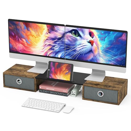 WESTREE Dual Monitor Stand Riser with Two Drawers, Extra Large Storage for 2 Monitors, Desktop Oraganizer Computer,Laptop,Screen,Printer,TV - color: Rustic Brown