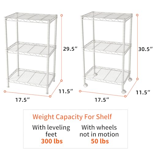 SINGAYE 3 Small Shelves Storage Shelf Wire Shelving Unit Metal Shelf Adjustable Organizers Storage Shelving with Wheels for Bathroom Laundry Room Kitchen Pantry11.5”D x 17.5”W x 30.5”H White - color: White, size: 3Tier/11.5"D X 17.5"W X 30.5"H