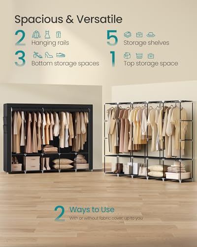 SONGMICS Portable Closet, Wardrobe Closet Organizer with Cover, 5 Hanging Rods and Shelves, 4 Side Pockets, 17.7 x 83 x 65.7 Inches, Large Capacity for Bedroom, Living Room, Ink Black URYG095B01 - color: Ink Black, size: 5 Tiers（83"L）