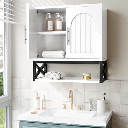 DreamDashio Bathroom Cabinet Wall Mounted with Doors, Adjustable Shelves and Open Shelf, Medicine Cabinet Over The Toilet, Wall Cabinet, Storage Cabinet for Bathroom, Laundry Room, Toilet, White - size: 23.6"H x 23.6"W x 9.8"D