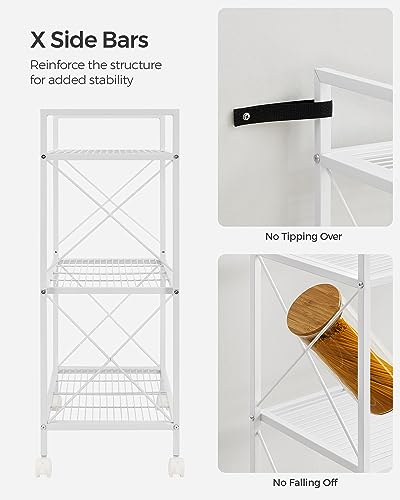 SONGMICS 3-Tier Metal Storage Rack with Wheels, Mesh Shelving Unit with X Side Frames, 23.6-Inch Width, for Entryway, Kitchen, Living Room, Bathroom, Industrial Style, White UBSC163W01 - color: White, size: 23.6"W